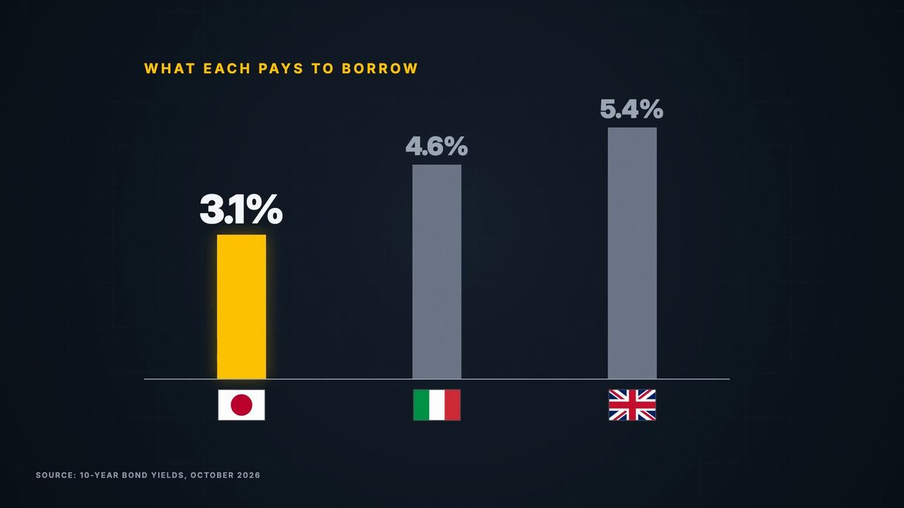 A bar chart of borrowing costs where Japan's bar arrives last